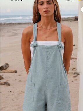 Light Blue Knot-strap Linen-Blend Short Romper